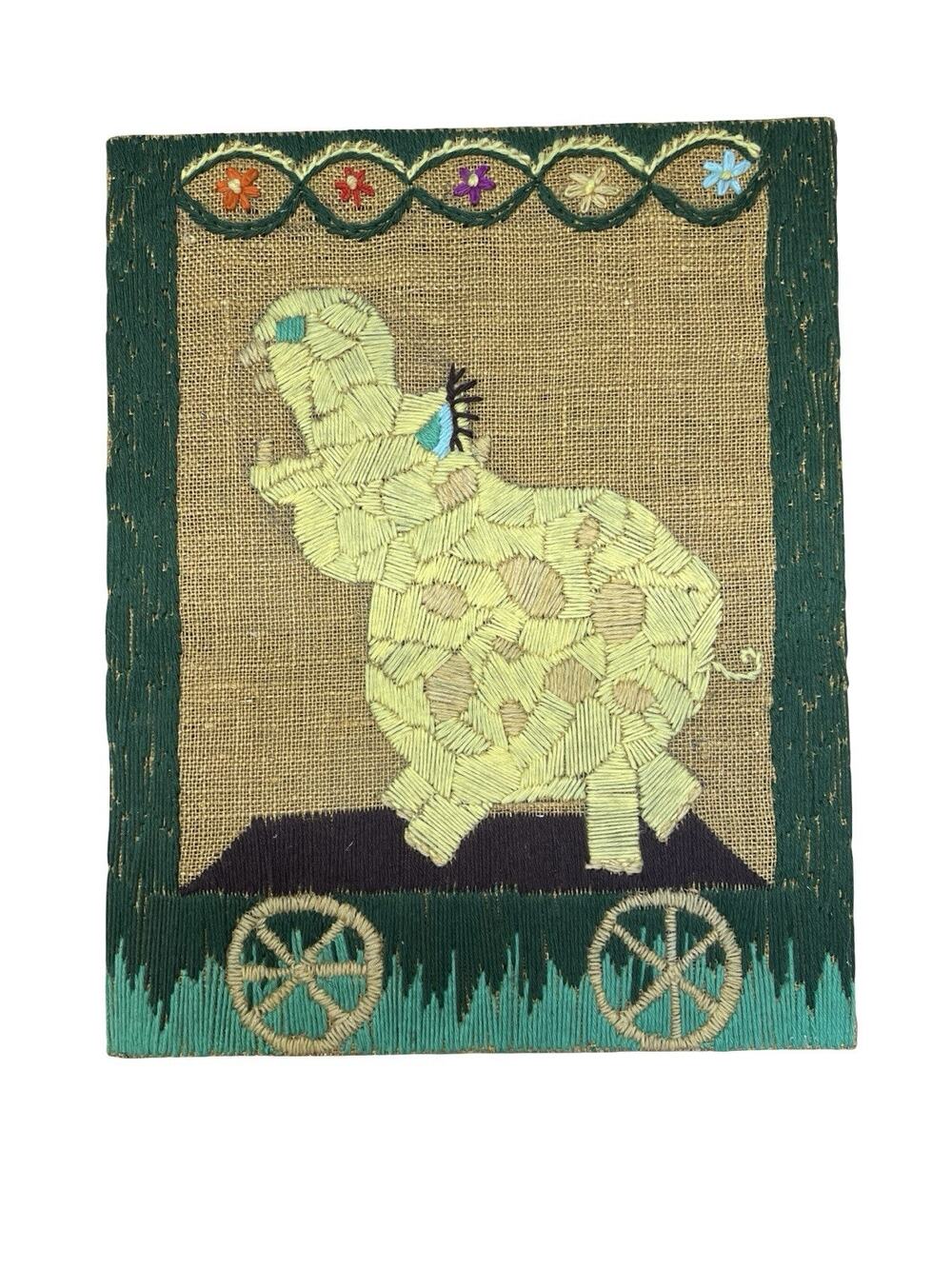 Vintage 1970s Needlepoint Crewel Embroidery Circus Hippo On Burlap